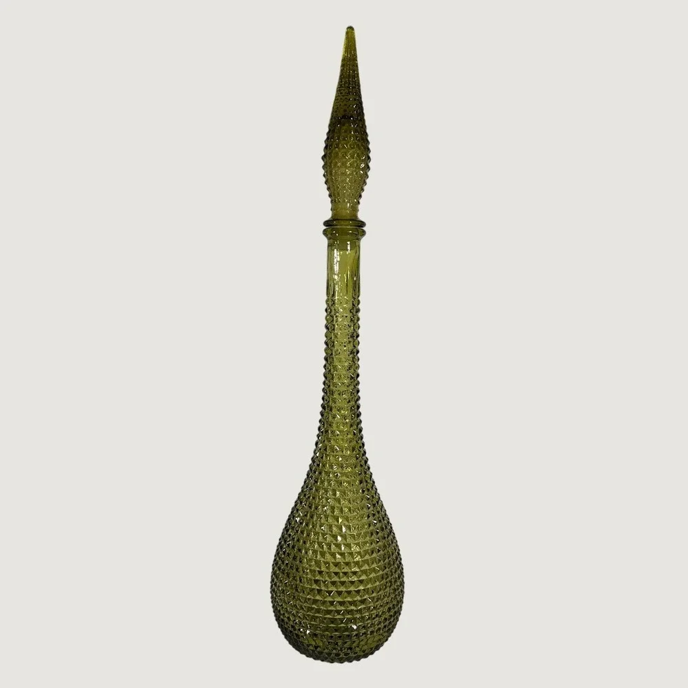 Vintage Empoli Italian Olive Green Glass Genie Bottle Decanter Diamond‎ Hobnail